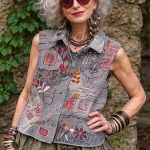 Chico's Vintage Patchwork Embroidered Button Up Vest; Size 2; Beading & Sequins